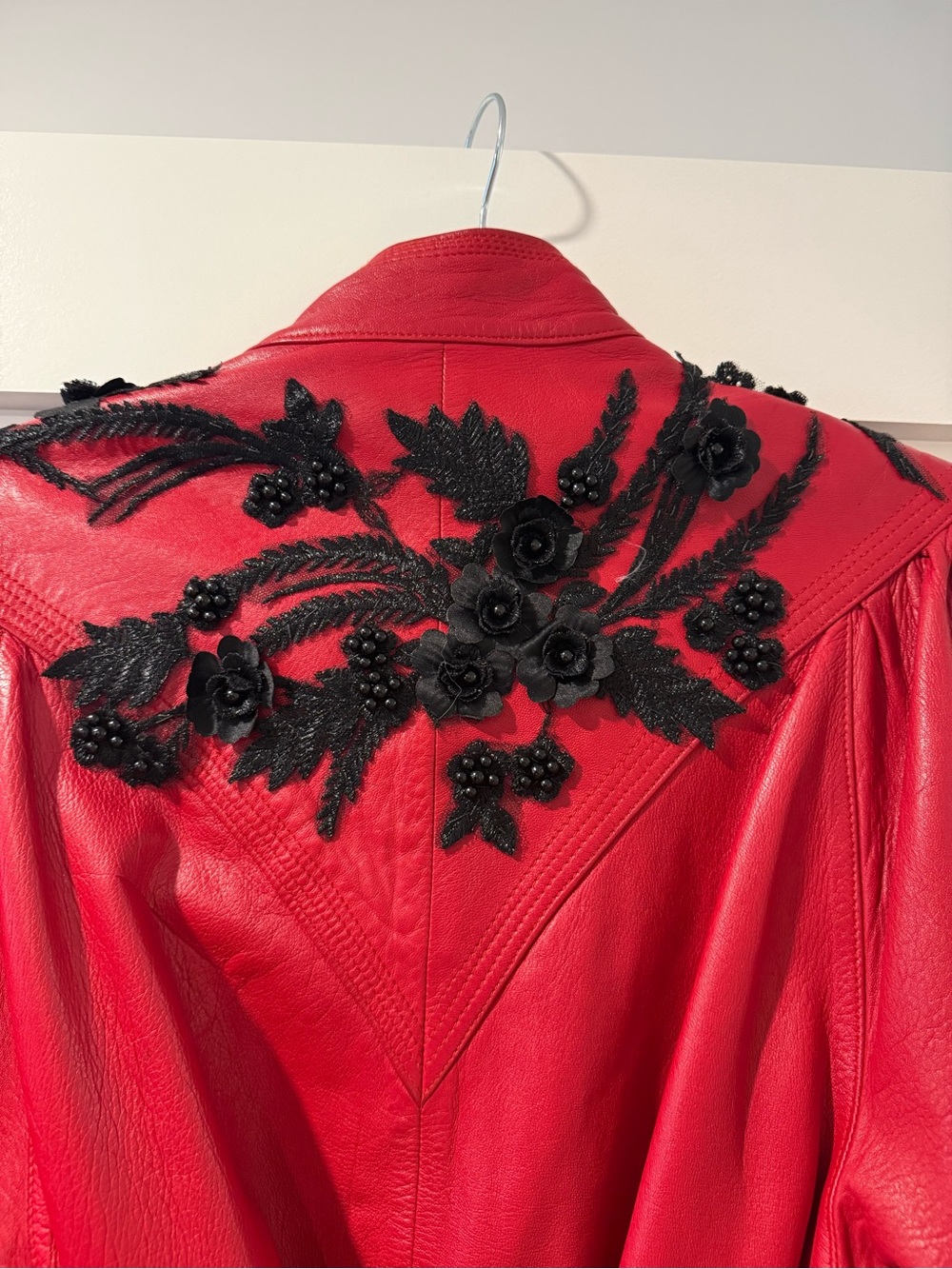 Red Vintage Leather Jacket with Embroidered Detail - Women - Picture 7 of 9